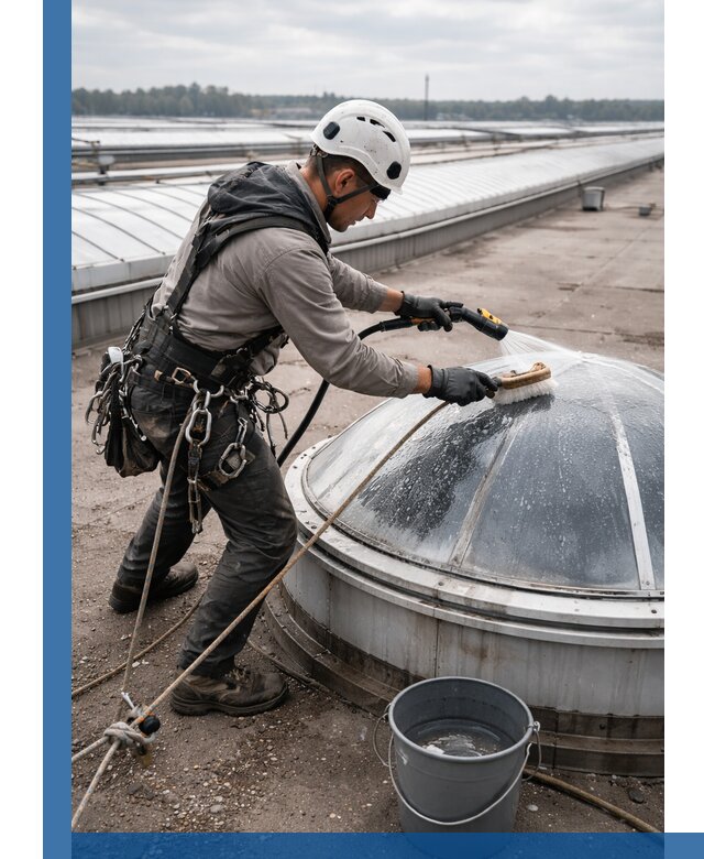 Мойка зенитных фонарей на кровле для промышленных объектов в Кисловодске