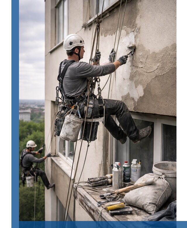 Косметический ремонт фасада зданий в Кисловодске промышленными альпинистами