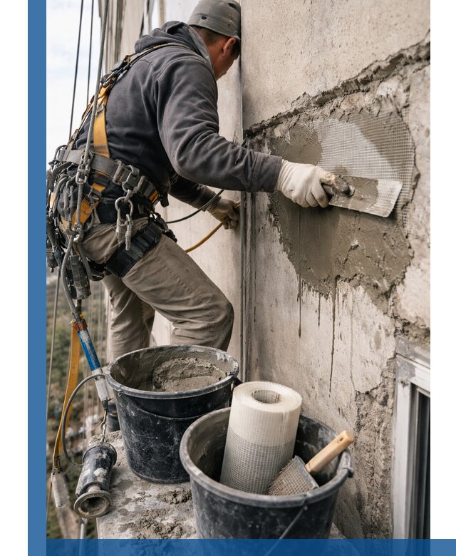 Ремонт бетонных элементов фасада промышленными альпинистами в Кисловодске