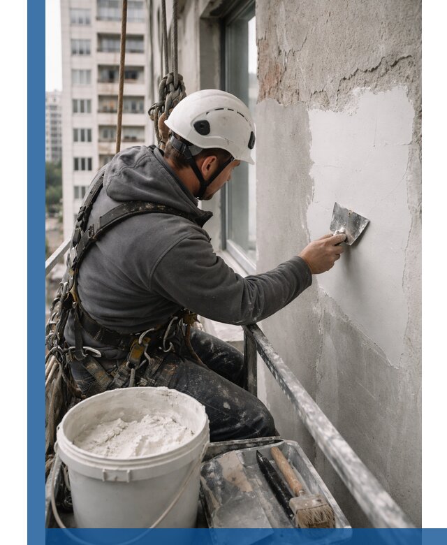 Шпаклевка фасадов на высоте с промальпинистами в Кисловодске