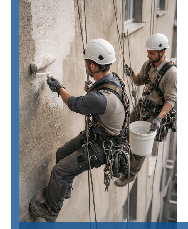 Грунтовка фасада на высоте в Кисловодске промышленными альпинистами