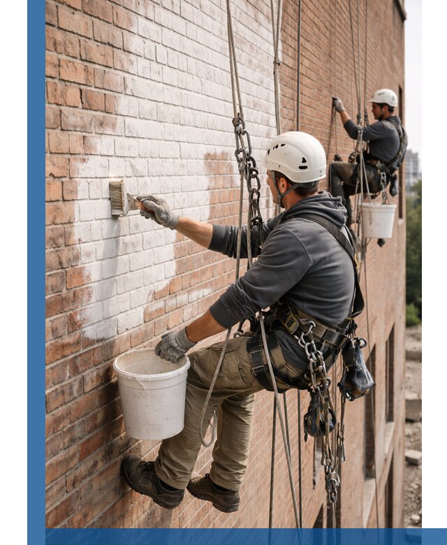 Покраска кирпичного фасада с доступным альпинистским сервисом в Кисловодске
