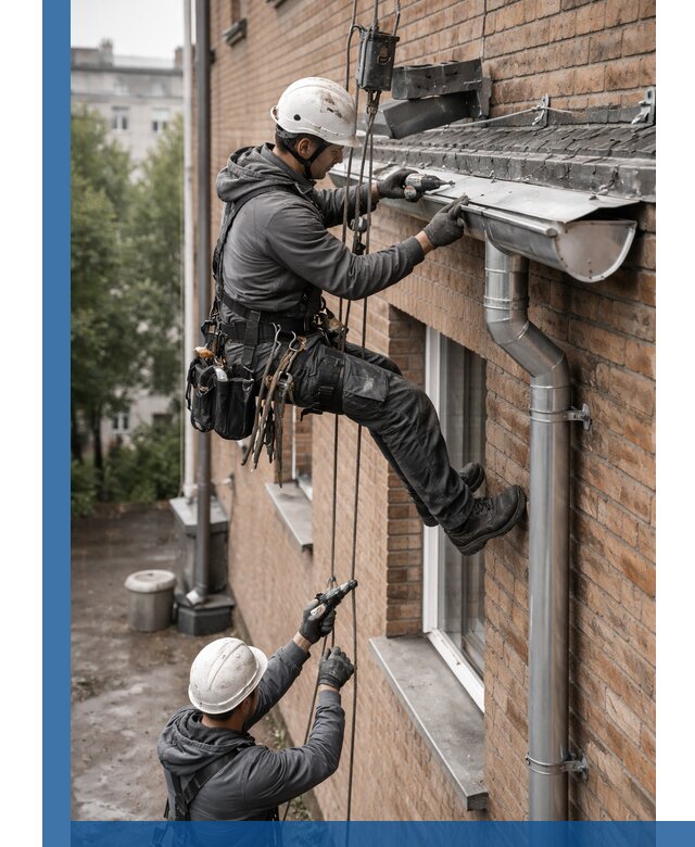 Монтаж водосточной системы на здании в Кисловодске под ключ