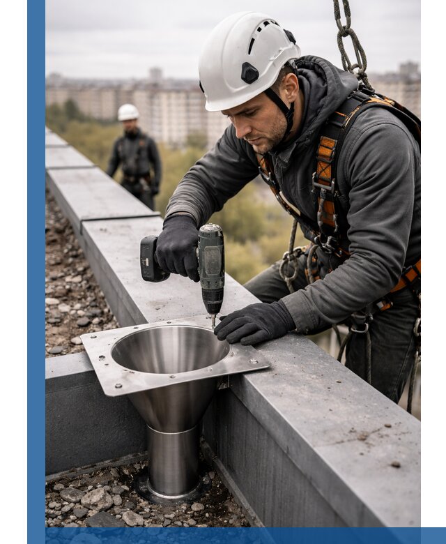 Монтаж водосточных воронок в Кисловодске для промышленных зданий