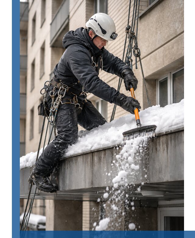 Очистка козырьков от снега в Кисловодске круглогодично безопасно