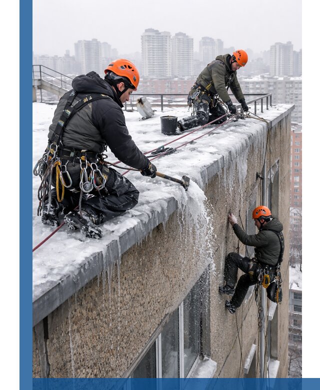 Удаление наледи с кровли в Кисловодске промышленными альпинистами