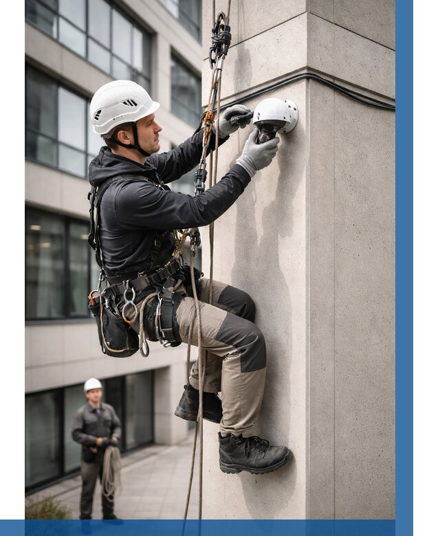 Монтаж камер видеонаблюдения на фасаде в Кисловодске от 9090 р.-ВЫСОТНИК-Ксл