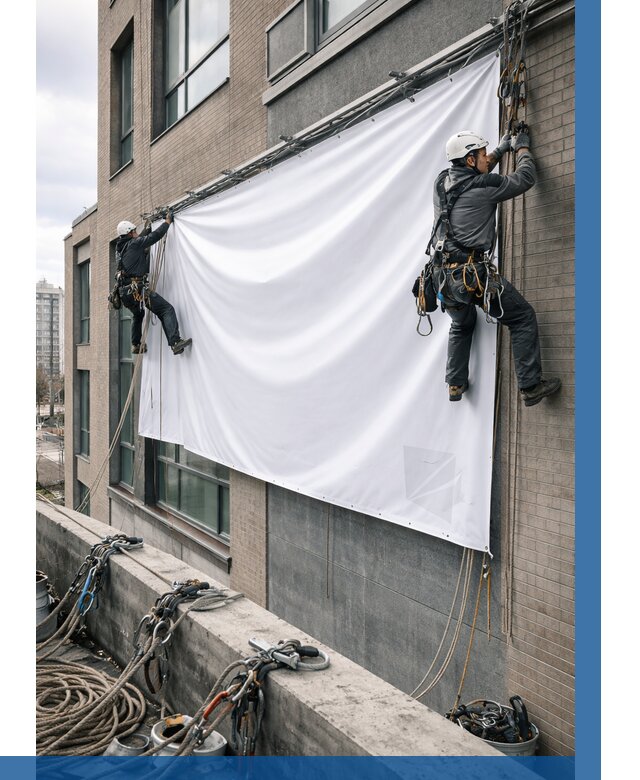 Монтаж баннеров на фасаде в Кисловодске от 695 р. заказать ВЫСОТНИК-Ксл