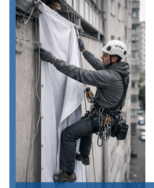 Замена баннерного полотна промышленными альпинистами в Кисловодске