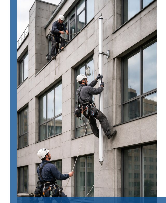 Монтаж флагштока на фасаде здания с креплением и герметикой в Кисловодске