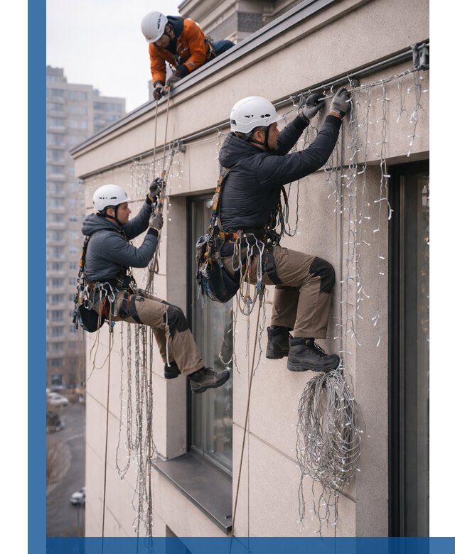 Монтаж праздничных гирлянд на фасаде в Кисловодске для зданий