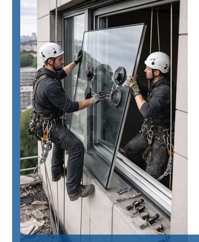 Замена стеклопакетов на высоте с промышленными альпинистами в Кисловодске