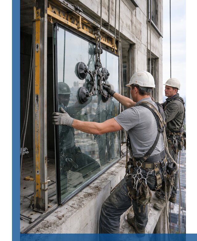 Монтаж стеклопакетов на высоте в Кисловодске с промышленным альпинизмом