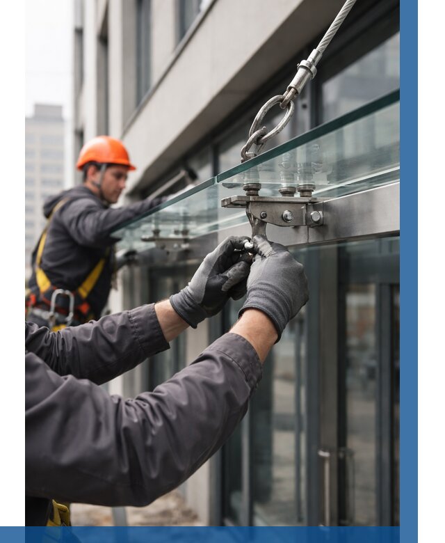 Монтаж стеклянных козырьков в Кисловодске от 9090 р. | ВЫСОТНИК-Ксл