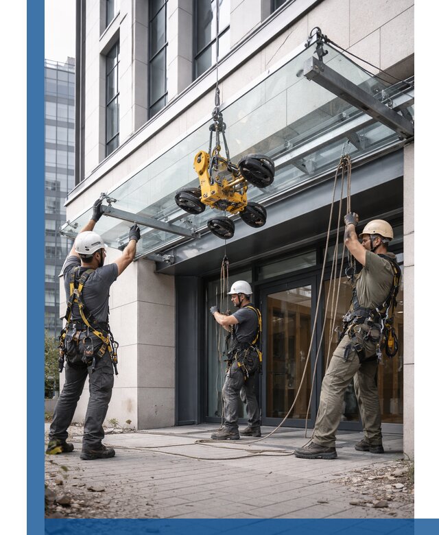 Монтаж стеклянных козырьков под ключ в Кисловодске для зданий