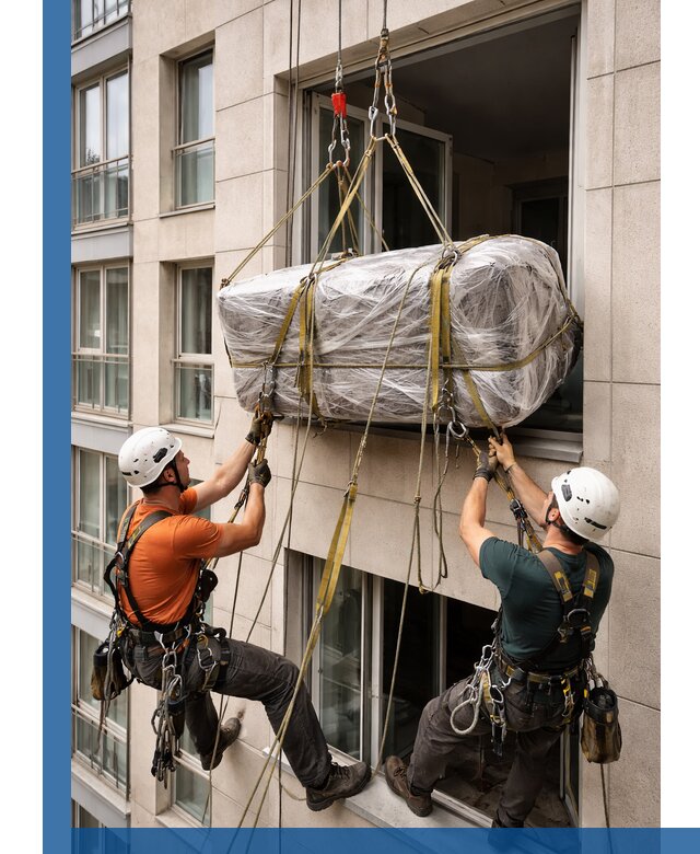 Подъем грузов через окно в Кисловодске промышленными альпинистами