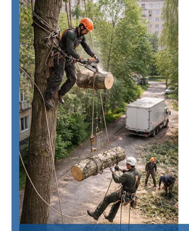 Спил деревьев альпинистами в Кисловодске, безопасно и без повреждений